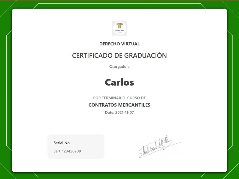 Certificado de Graduación de Derecho Virtual