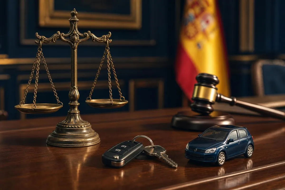 Balanza de la justicia y llaves de coche: ganar el recurso de una multa