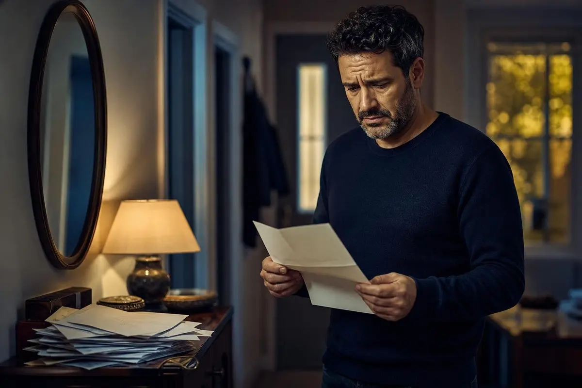 Hombre preocupado leyendo una multa de tráfico en casa un viernes por la tarde