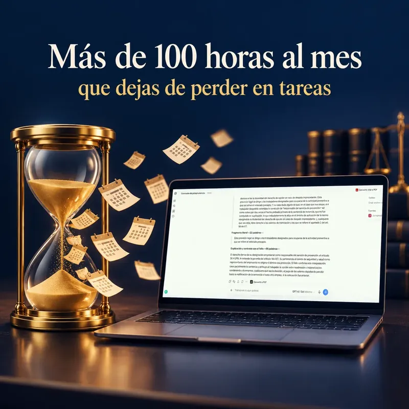 Más de 100 horas al mes que dejas de perder en tareas: reloj de arena dorado junto a una tarea programada de ChatGPT.