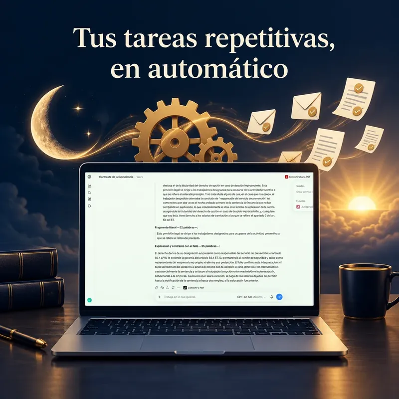 Tus tareas repetitivas, en automático: ChatGPT trabajando de noche con documentos y correos que salen terminados.