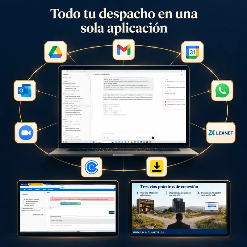 Todo tu despacho en una sola aplicación: ChatGPT conectado a Gmail, Drive, Calendar, Outlook, WhatsApp, Zoom, Calendly, DocuSign y LexNET.