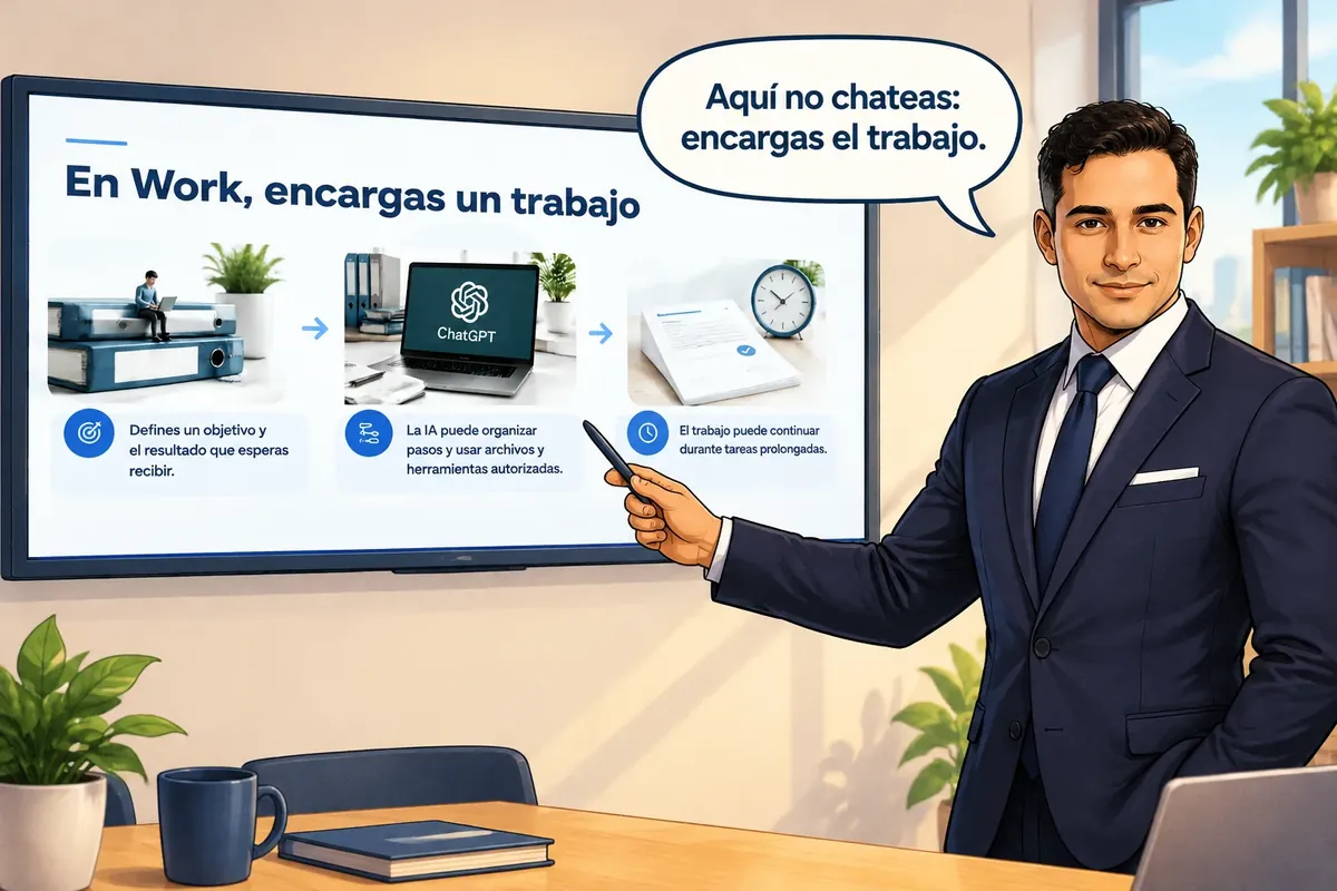 Carlos Rivero, en dibujo, señala la diapositiva real del curso «En Work, encargas un trabajo» y dice: aquí no chateas, encargas el trabajo.