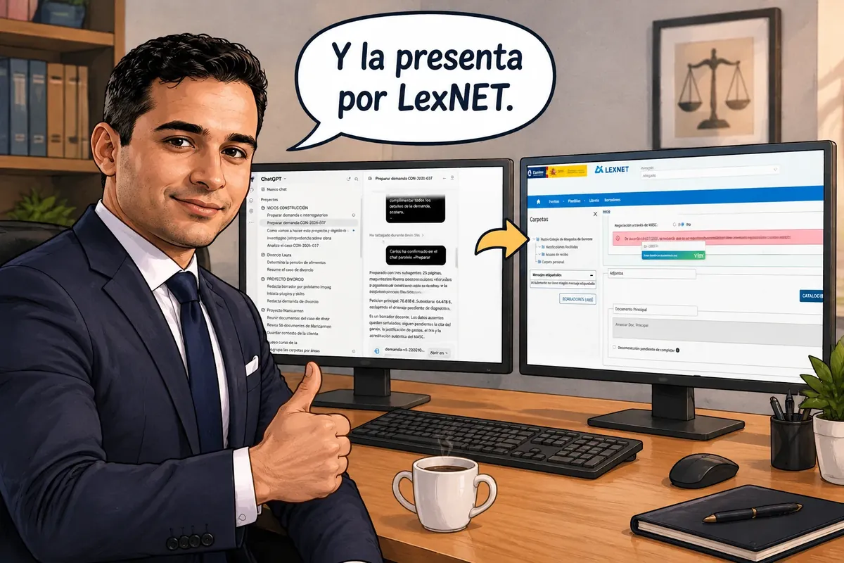 Carlos Rivero, en dibujo, con el pulgar arriba delante de la demanda en ChatGPT y de LexNET: y la presenta por LexNET.