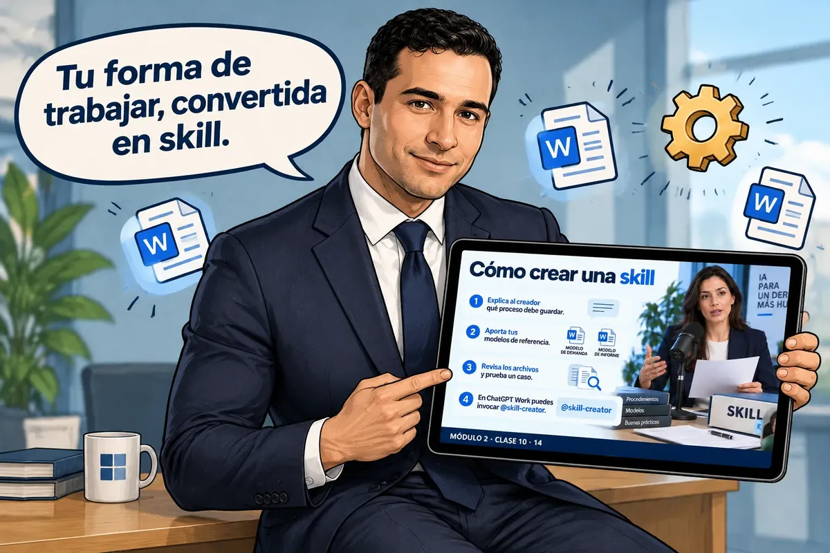 Carlos Rivero, en dibujo, enseña en una tableta la diapositiva real «Cómo crear una skill»: tu forma de trabajar, convertida en skill.