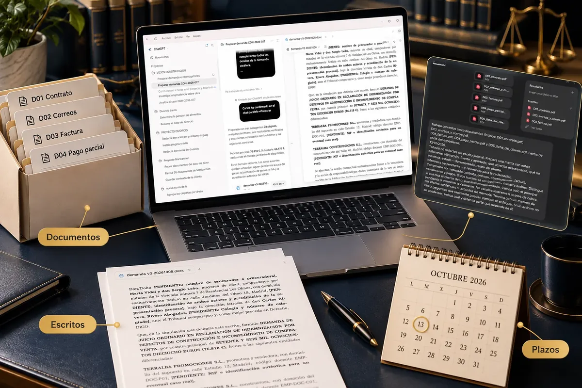 Un expediente entero en ChatGPT Work: la demanda en el portátil, el archivador con contrato, correos, factura y pago parcial, y los plazos en el calendario.