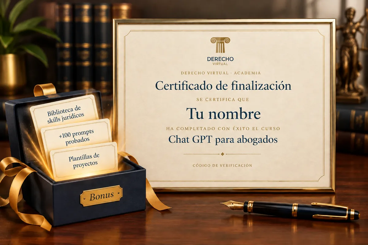 El certificado de finalización de la academia de Derecho Virtual del curso Chat GPT para abogados, junto a una caja con los tres bonus: biblioteca de skills jurídicos, más de 100 prompts probados y plantillas de proyectos.