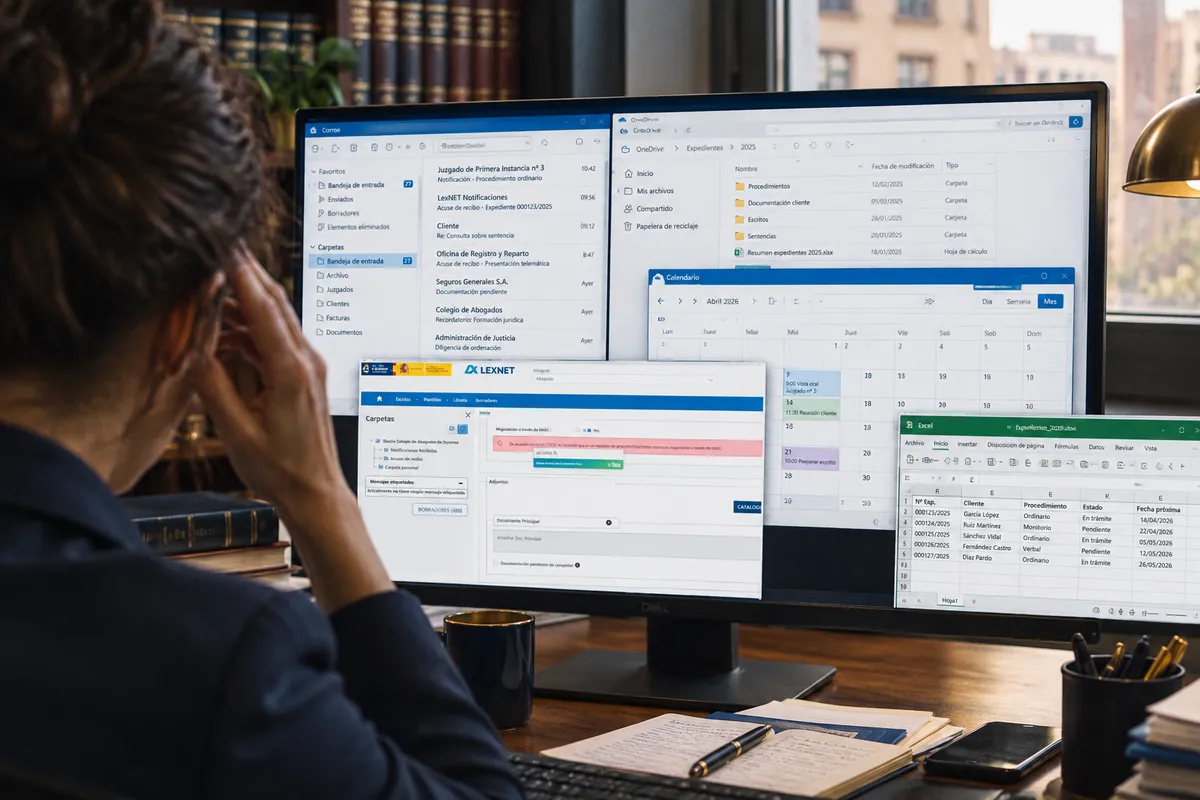 Monitor lleno de ventanas: correo, OneDrive, calendario, Excel y LexNET, con la abogada llevándose la mano a la sien.