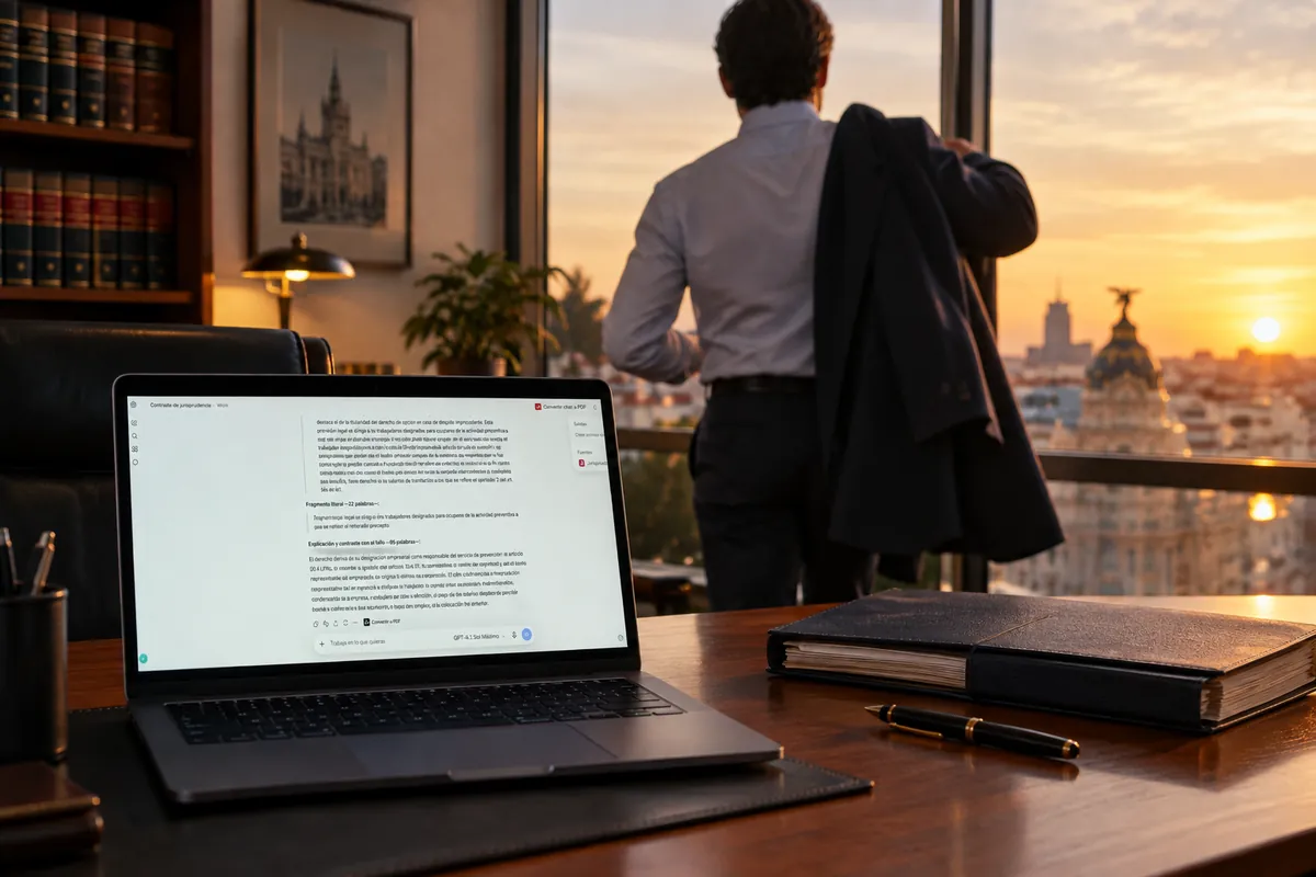 Un abogado, de espaldas, se pone la chaqueta al atardecer mientras el portátil sigue trabajando con una tarea programada de ChatGPT.