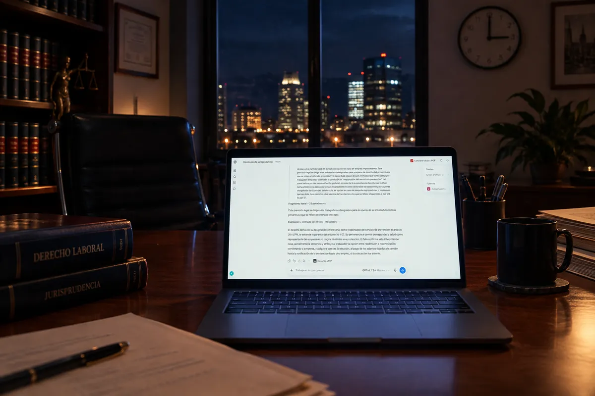 Despacho vacío de noche, con el reloj a las tres y el portátil encendido ejecutando una tarea programada de ChatGPT.
