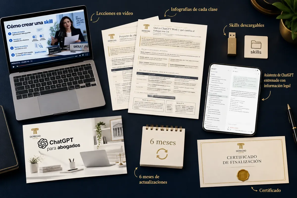 Todo lo que incluye el curso: lecciones en vídeo, infografías de cada clase, skills descargables, asistente de ChatGPT entrenado con información legal, 6 meses de actualizaciones y certificado.