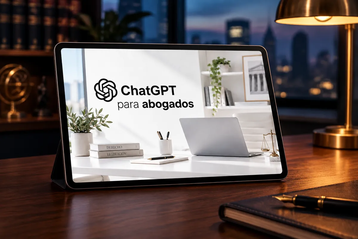 Tableta con la portada del curso «ChatGPT para abogados»