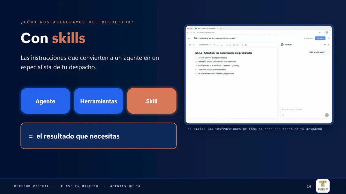 Diapositiva del vídeo: con skills, agente más herramientas más skill da el resultado que necesitas