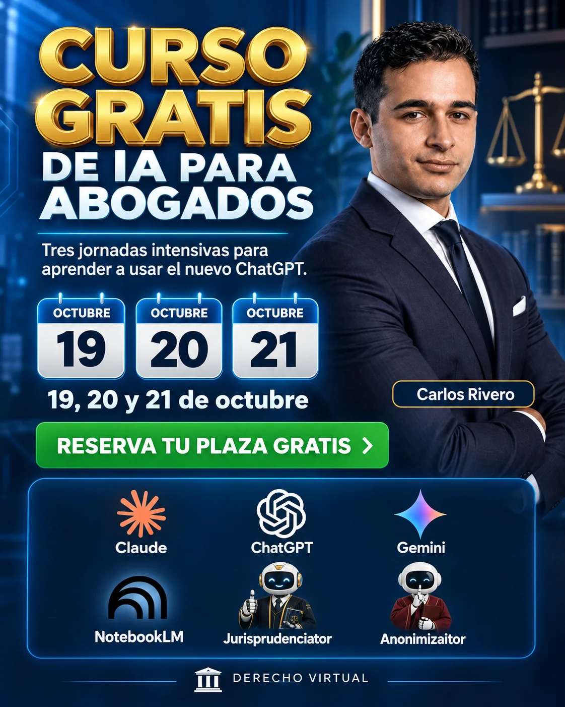 Curso gratis de IA para abogados con Carlos Rivero: 19, 20 y 21 de octubre