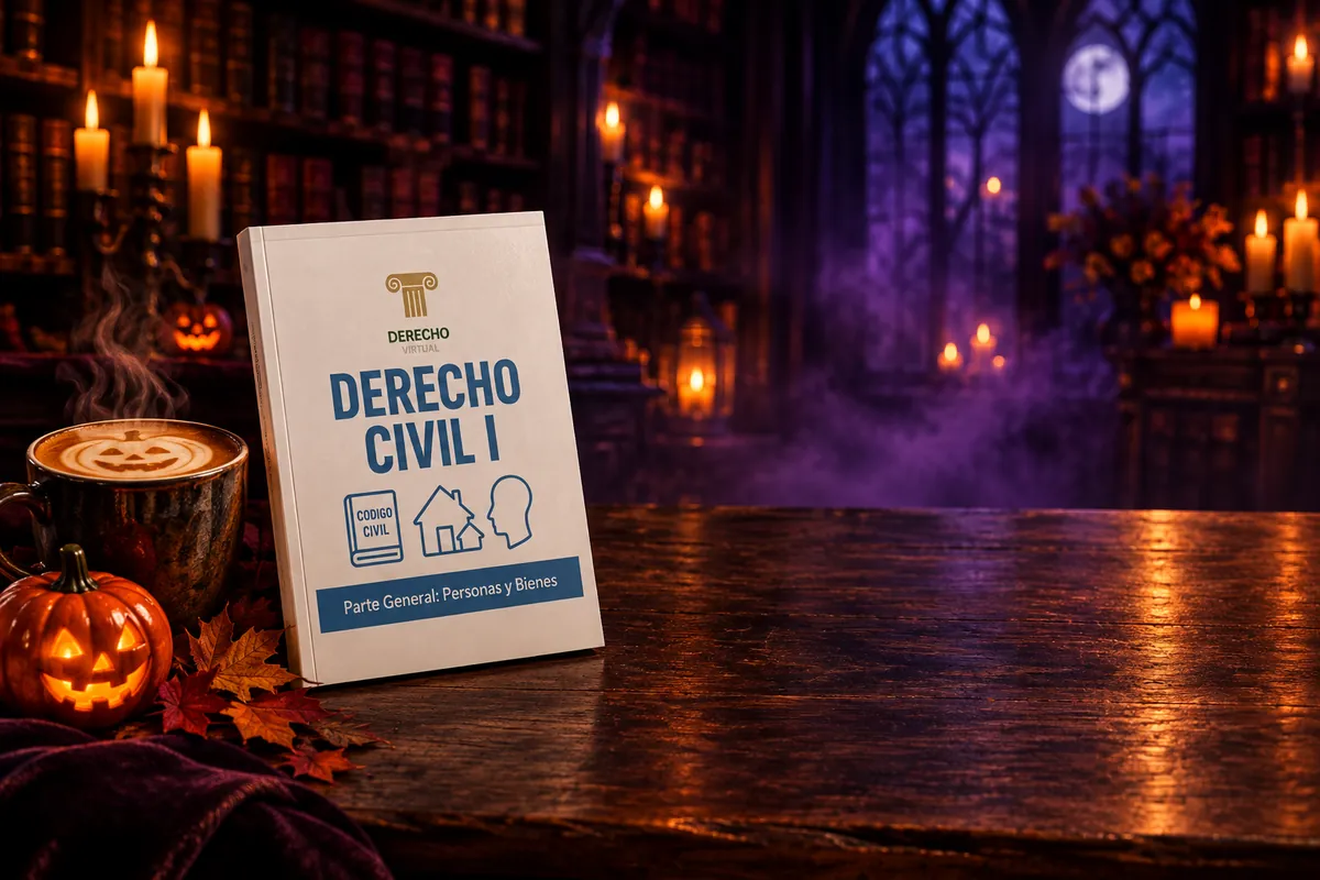 Un café con espuma de calabaza junto al manual de Derecho Civil I de Derecho Virtual, en una biblioteca a la luz de las velas.