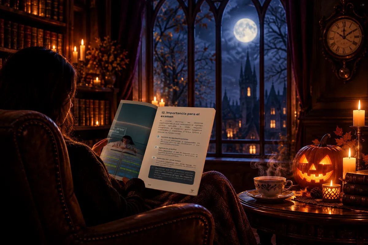 Una estudiante lee tranquila en un sillón, junto a una ventana con luna llena, un manual de Derecho Virtual abierto por la página «Importancia para el examen».
