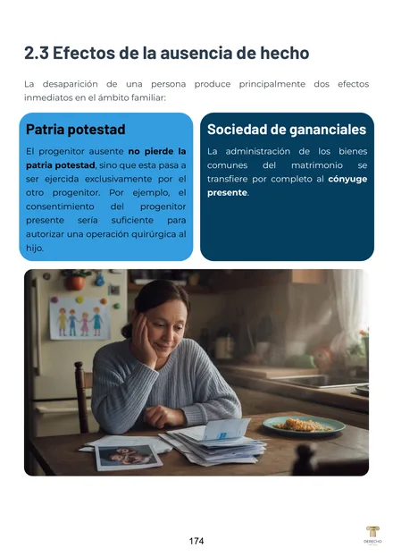 Página 174 del manual de Derecho Civil I: «Efectos de la ausencia de hecho», con cuadros resumen y una ilustración