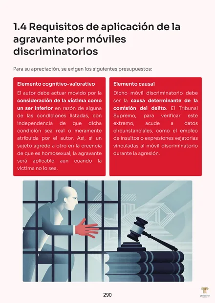 Página 290 del manual de Derecho Penal, Parte General: requisitos de la agravante por móviles discriminatorios, en cuadros y con una ilustración