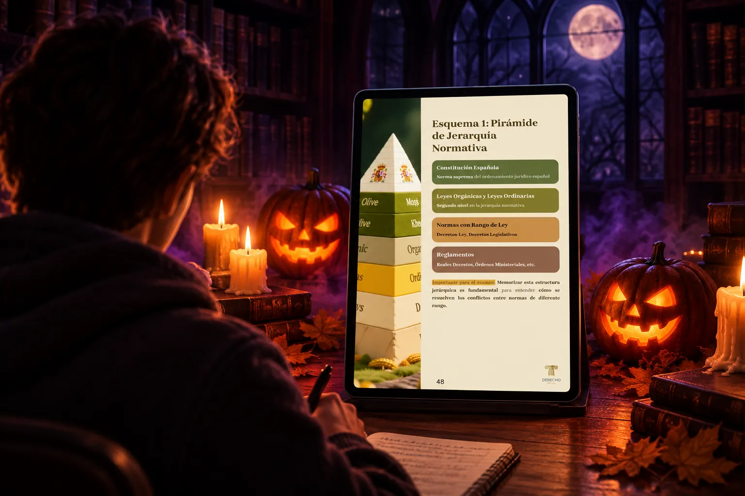 Estudiante de espaldas, de noche, repasando en una tablet la página real del esquema de la pirámide de jerarquía normativa del manual de Constitucional I, entre velas y calabazas
