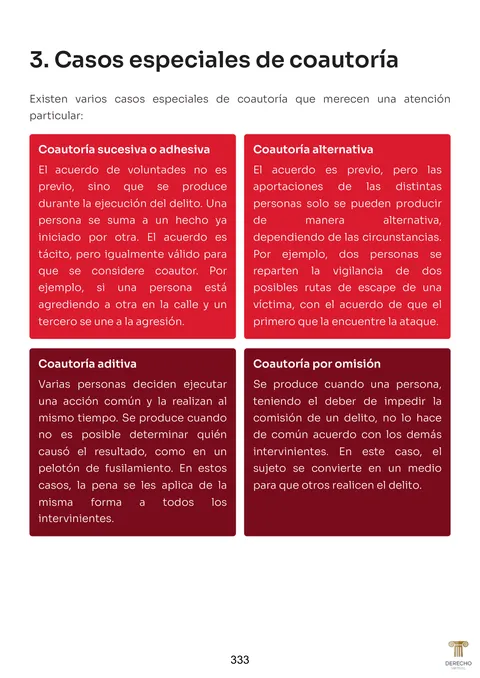 Página 333 del manual de Derecho Penal: casos especiales de coautoría, en tarjetas de colores