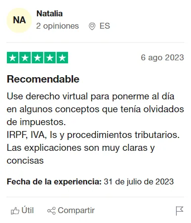 Captura de la reseña de Natalia en Trustpilot, con 5 estrellas: «Recomendable»