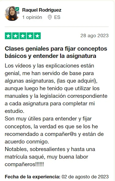 Captura de la reseña de Raquel Rodríguez en Trustpilot, con 5 estrellas: «Clases geniales para fijar conceptos básicos y entender la asignatura»