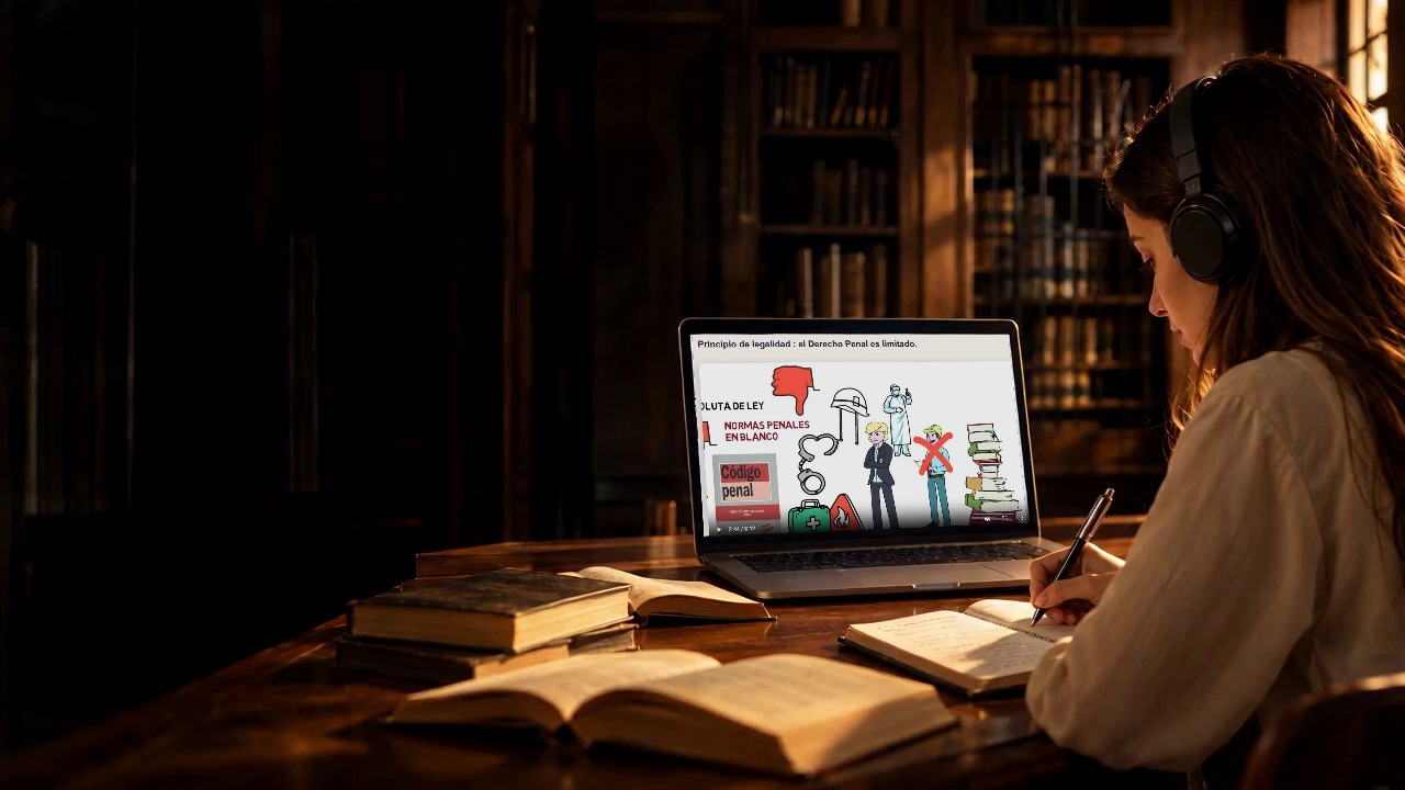 Estudiante en la biblioteca utilizando una clase real de Derecho Virtual