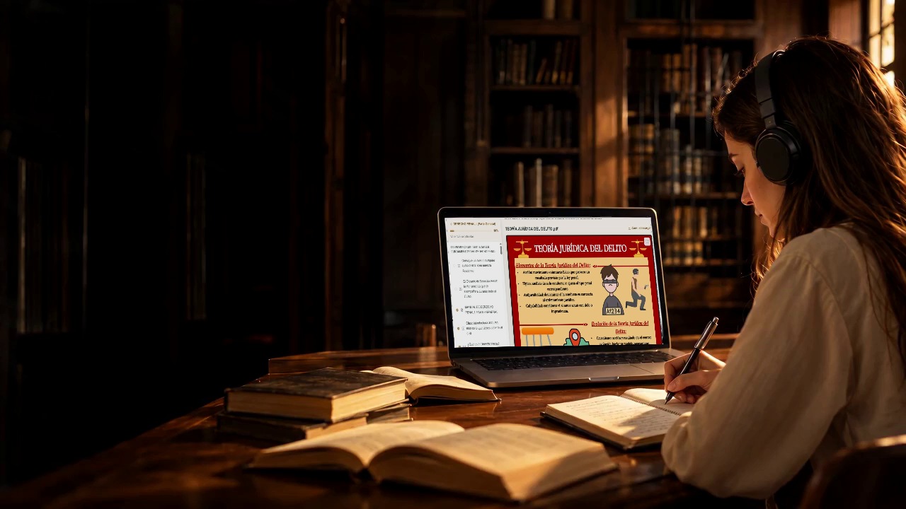 Estudiante repasando una infografía real de Derecho Virtual en su ordenador