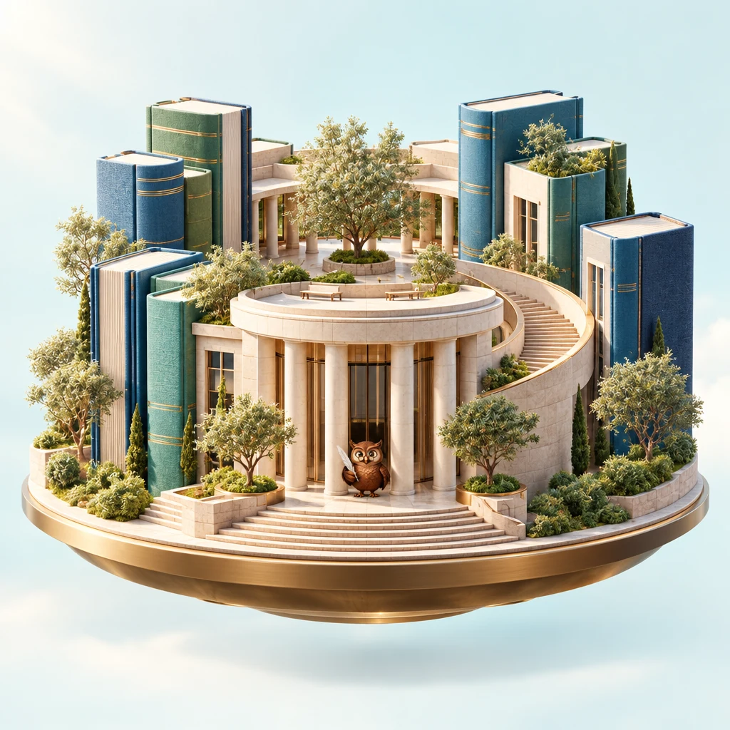 Ilustración de una universidad construida con libros junto a Lexi