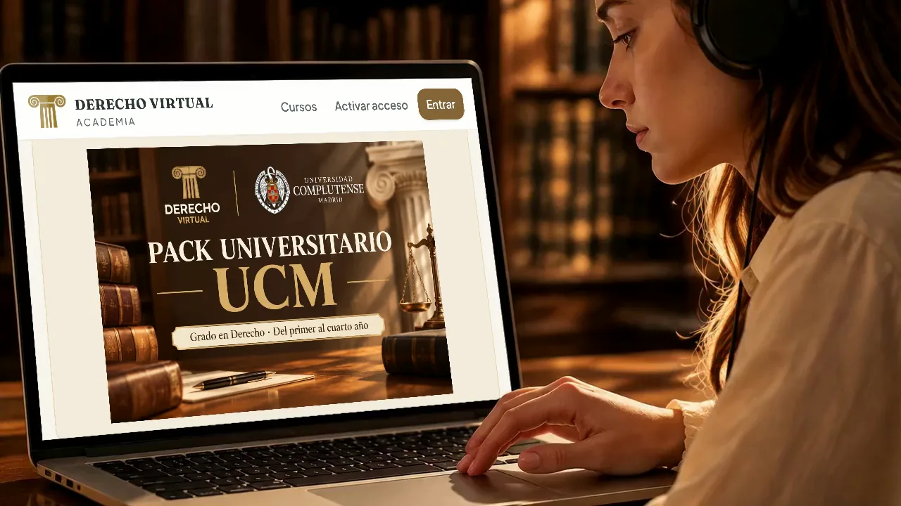 Estudiante con auriculares consultando el pack Complutense de la Academia de Derecho Virtual en su portátil