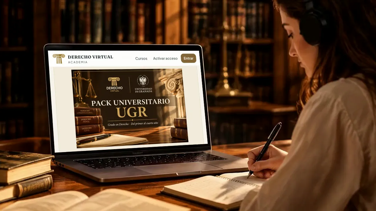 Estudiante tomando apuntes delante del pack de la Universidad de Granada de la Academia de Derecho Virtual