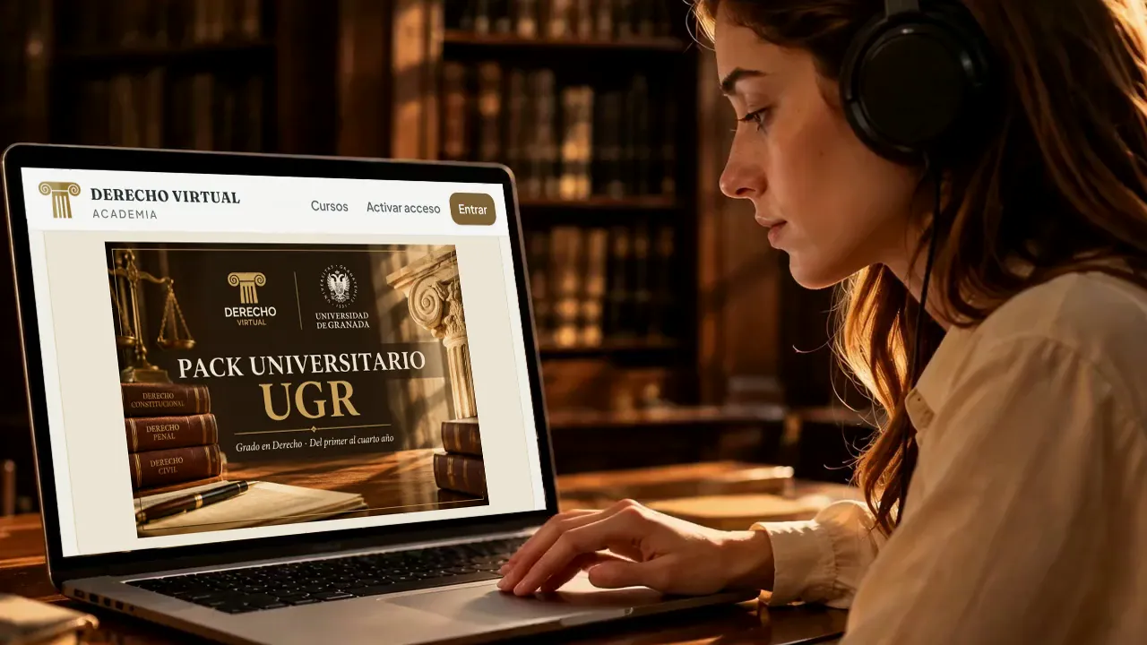 Estudiante con auriculares consultando el pack de la Universidad de Granada de la Academia de Derecho Virtual en su portátil