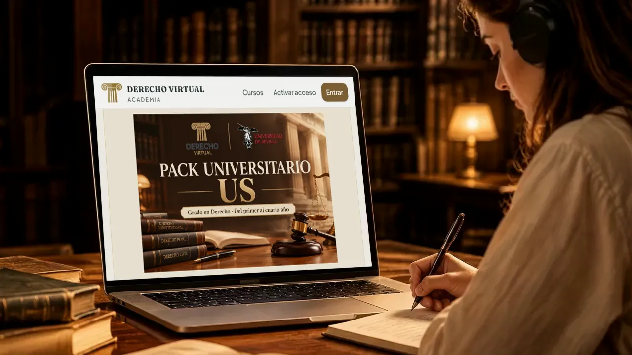 Estudiante tomando apuntes delante del pack de la Universidad de Sevilla de la Academia de Derecho Virtual