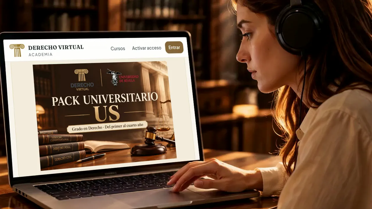 Estudiante con auriculares consultando el pack de la Universidad de Sevilla de la Academia de Derecho Virtual en su portátil