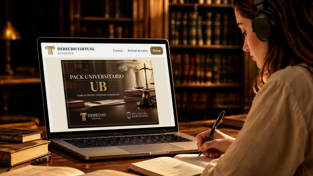Estudiante tomando apuntes delante del pack de la Universitat de Barcelona de la Academia de Derecho Virtual