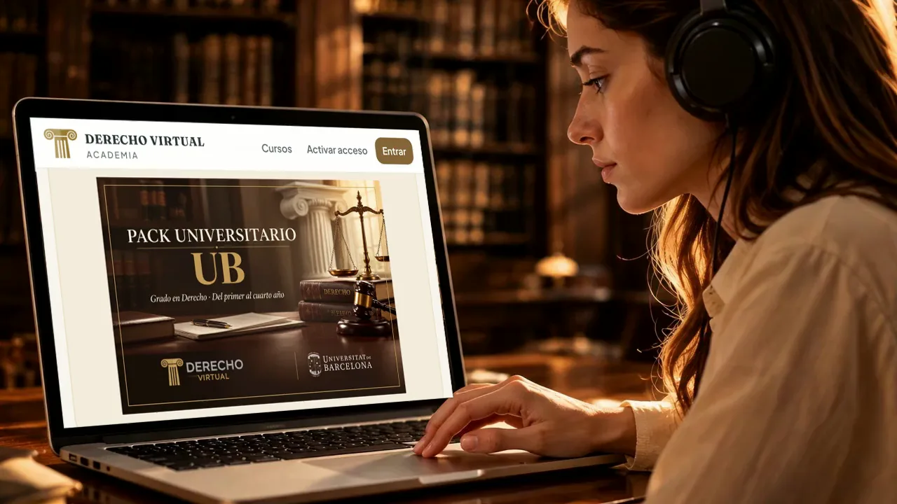 Estudiante con auriculares consultando el pack de la Universitat de Barcelona de la Academia de Derecho Virtual en su portátil