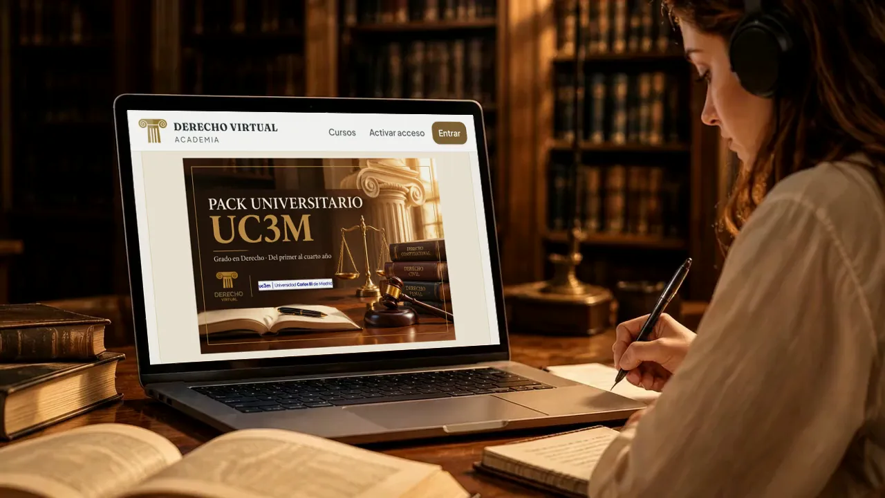 Estudiante tomando apuntes delante del pack Carlos III de la Academia de Derecho Virtual