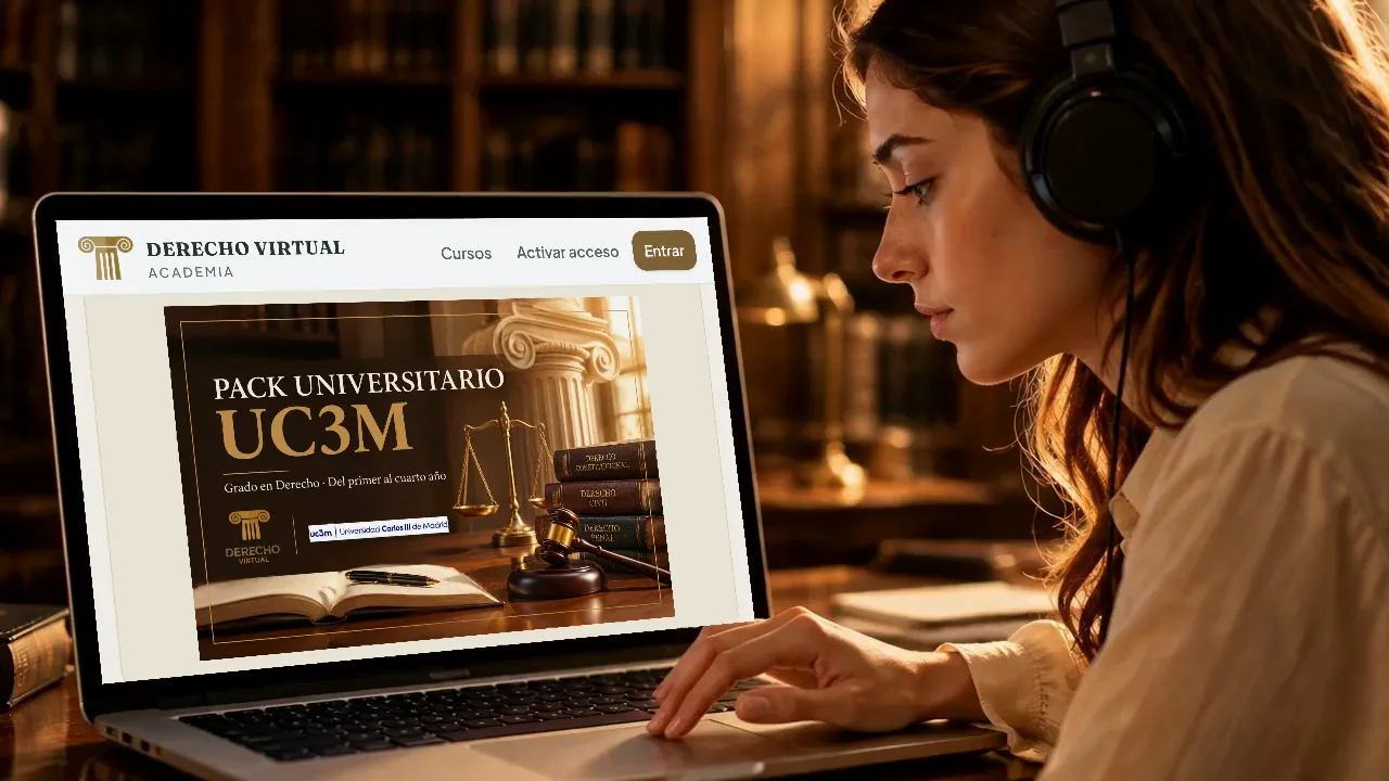Estudiante con auriculares consultando el pack Carlos III de la Academia de Derecho Virtual en su portátil