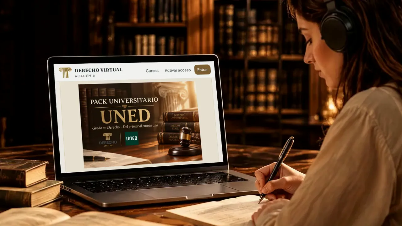 Estudiante tomando apuntes delante del pack UNED de la Academia de Derecho Virtual
