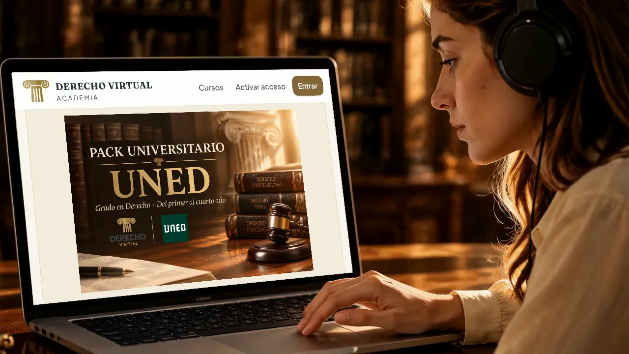 Estudiante con auriculares consultando el pack UNED de la Academia de Derecho Virtual en su portátil