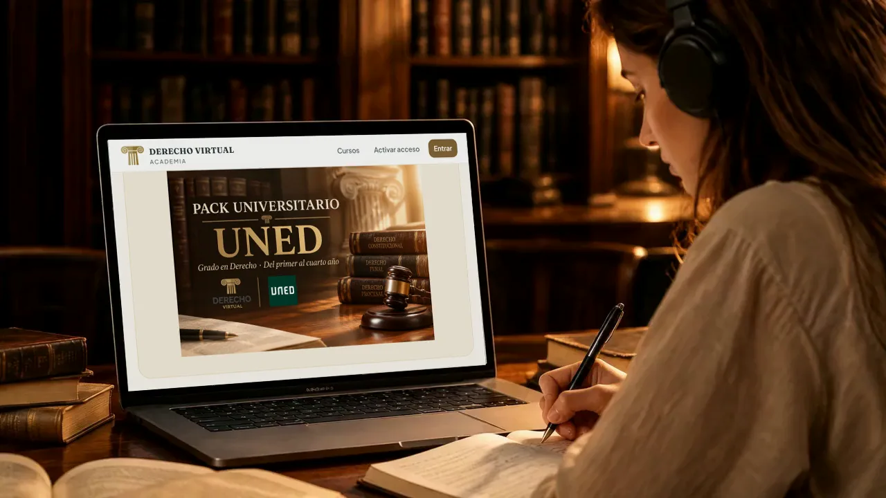 Estudiante en la biblioteca con el pack UNED de la Academia de Derecho Virtual abierto en su portátil