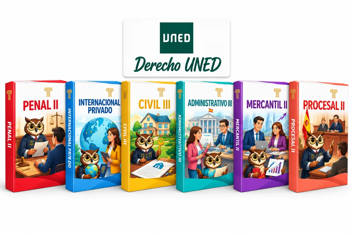 Portada del pack Derecho UNED de Derecho Virtual, con el logo de la UNED y sus asignaturas