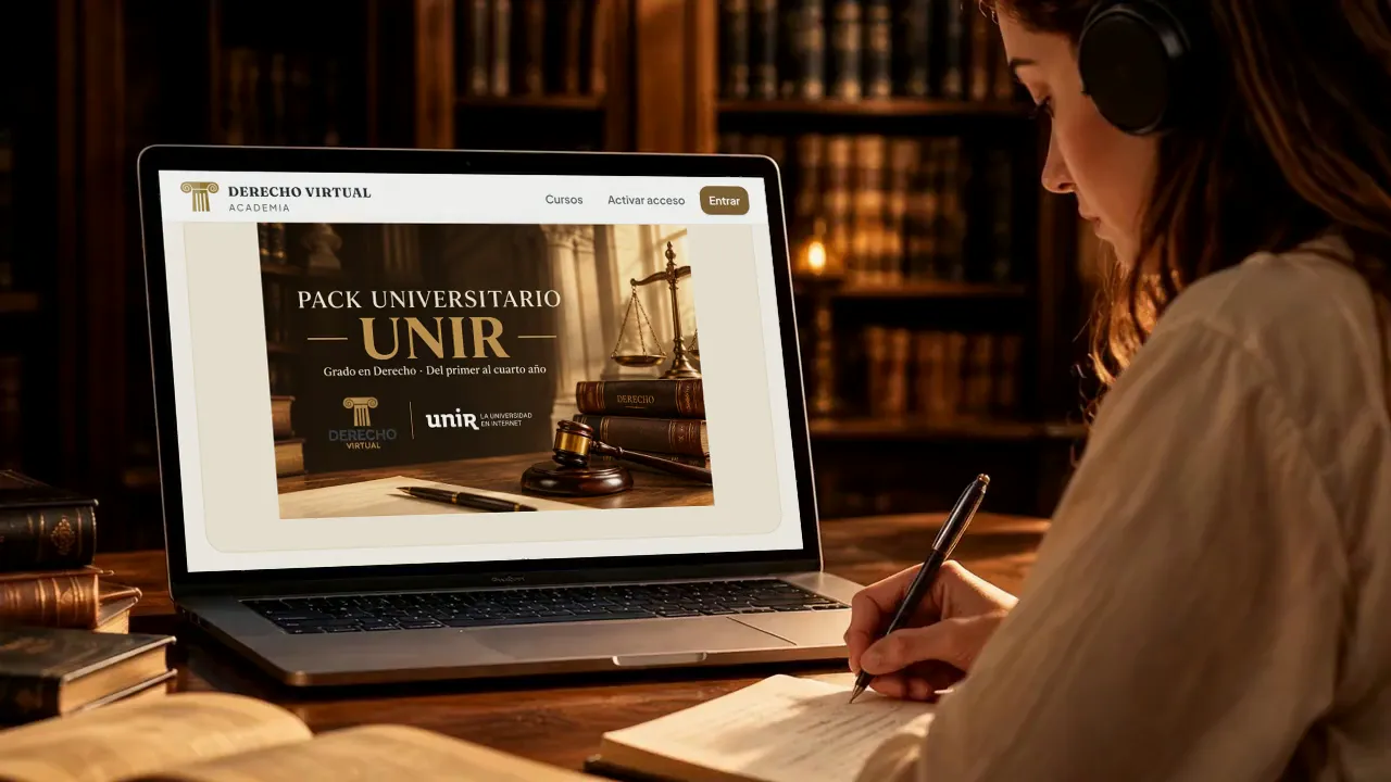 Estudiante tomando apuntes delante del pack UNIR de la Academia de Derecho Virtual