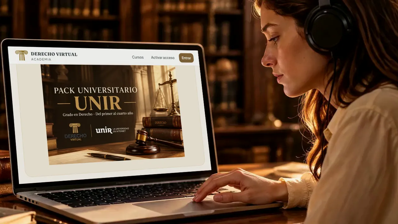 Estudiante con auriculares consultando el pack UNIR de la Academia de Derecho Virtual en su portátil