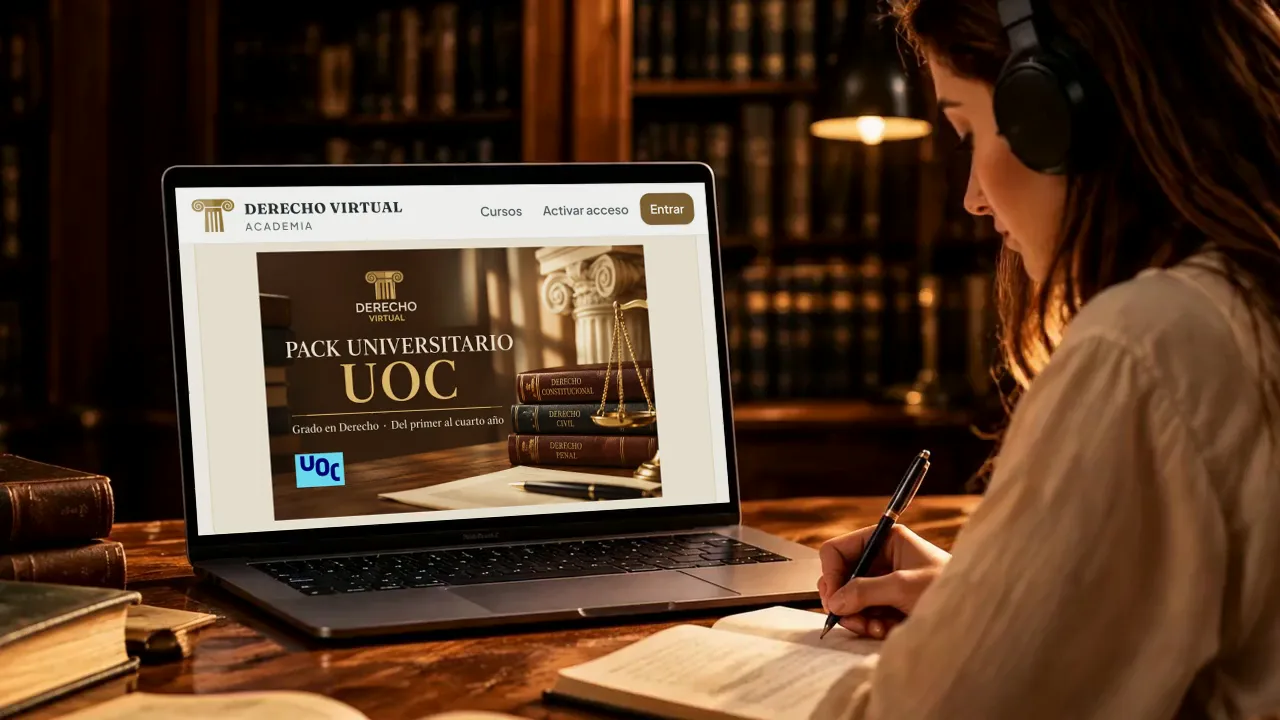 Estudiante tomando apuntes delante del pack UOC de la Academia de Derecho Virtual