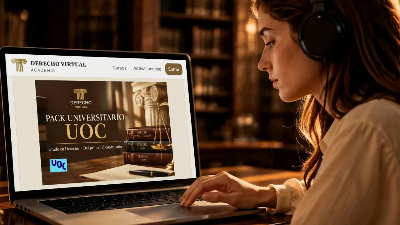 Estudiante con auriculares consultando el pack UOC de la Academia de Derecho Virtual en su portátil