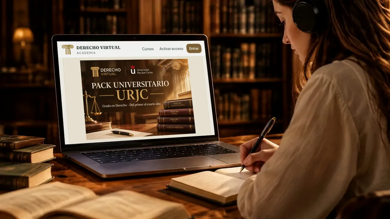 Estudiante tomando apuntes delante del pack URJC de la Academia de Derecho Virtual