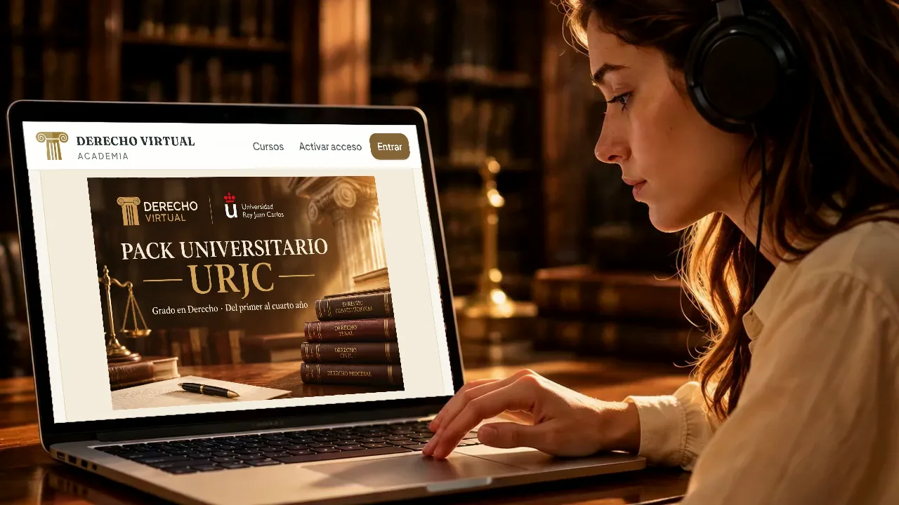 Estudiante con auriculares consultando el pack URJC de la Academia de Derecho Virtual en su portátil