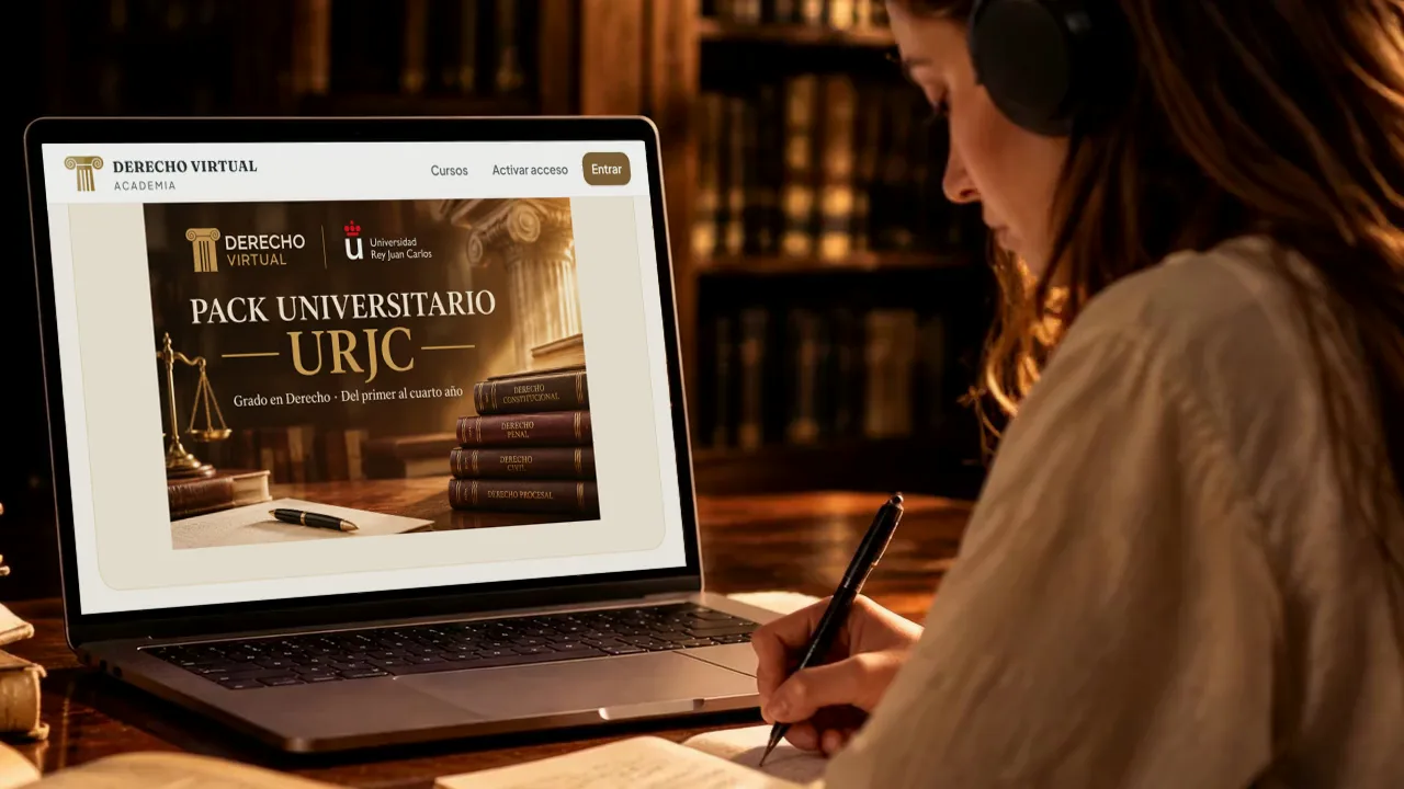 Estudiante en la biblioteca con el pack URJC de la Academia de Derecho Virtual abierto en su portátil