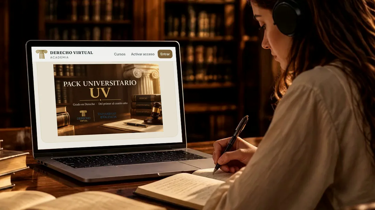 Estudiante tomando apuntes delante del pack UV de la Academia de Derecho Virtual